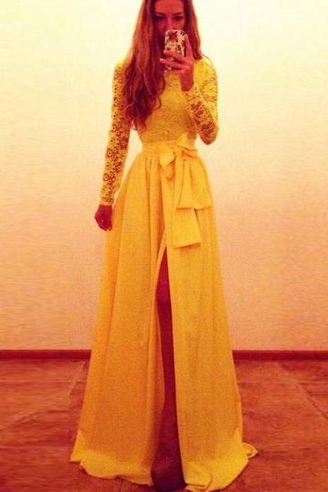 Yellow Long Sleeves Lace Prom Dresses Front Slit With Bow Sash A-line Evening Gowns