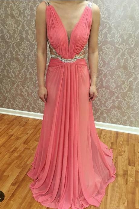 Plunging V-neck Pleated Floor Length Long Evening Dress With Beaded Straps