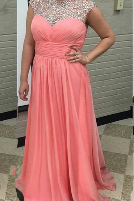 Beaded Jewel Neckline Pleated Long Prom Dress
