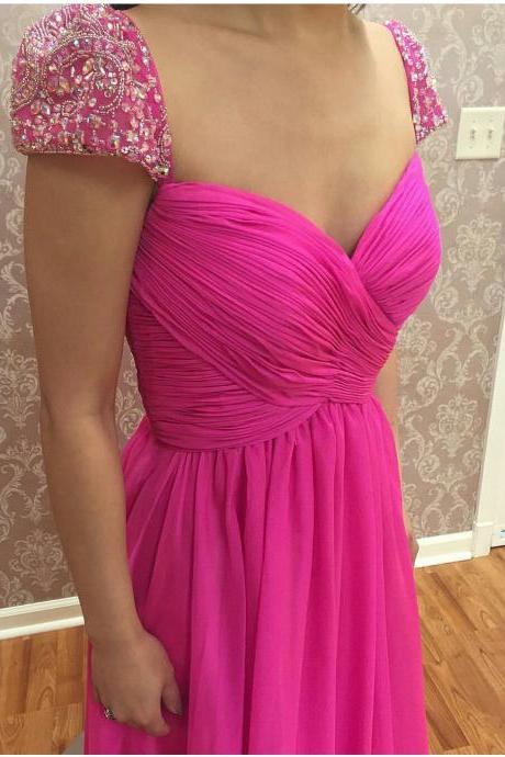 Beaded Cap Sleeves Ruched Prom Dress Evening Dress