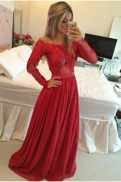 Red Long Sleeves Lace And Chiffon Formal Occasion Dress