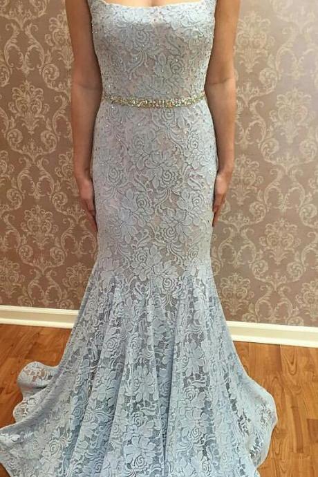 Square Neckline Grey Prom Dress Floor Length Lace Evening Dress