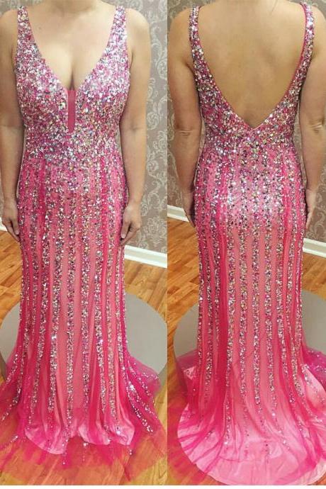 V-neck And Open Back Sequined Prom Dress