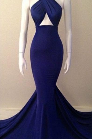 Blue Halter Neck Mermaid Evening Gowns Sexy Simple Long Prom Dresses