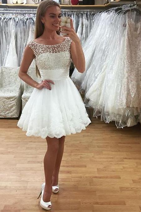 Scoop Neckline Short Knee Length Lace Homecoming Dress With Pearls