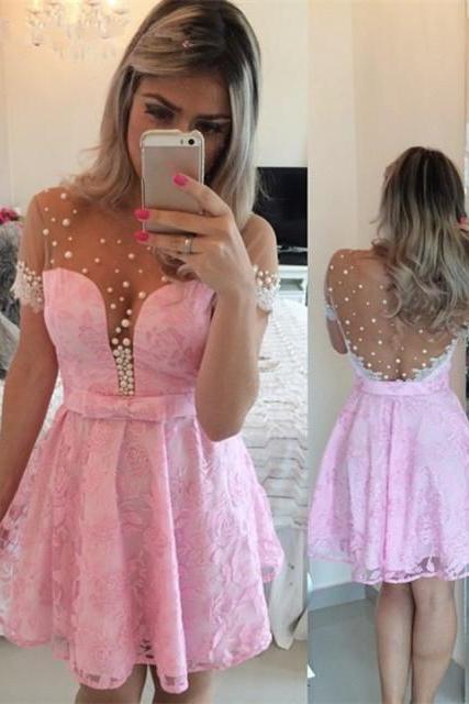 Short Sleeves Knee Length Lace Homecoming Dress With Pearls And Bow