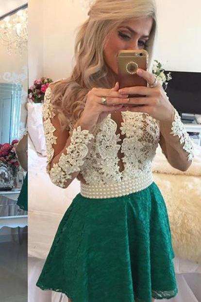 Long Sleeves Short Lace Homecoming Dress With Beadings