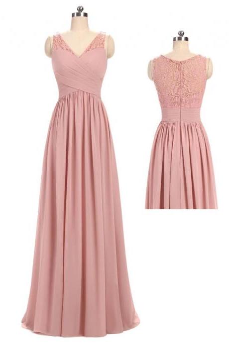 V Neck Long Chiffon Evening Gown With Lace Straps