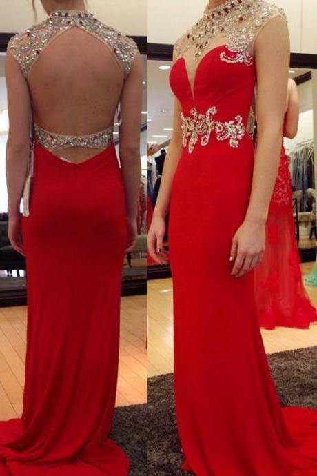 Jewel Neck Open Back Red Trumpet Prom Dress With Beadings Rhinestones Sequins