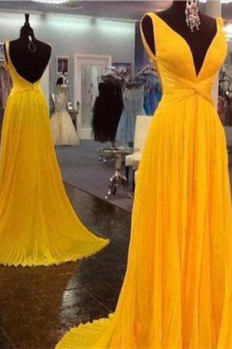 V Neck Yellow Chiffon Evening Dress With Open Back