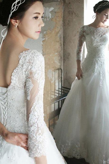 Princess Wedding Dress 3/4 Sleeves Lace-up Back Floor Length Bridal Gown with Sequins Beading