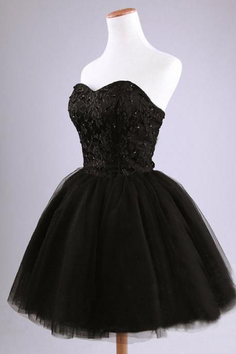 Party Dress Knee Length Short Black Lace and Tulle Ball Gown Homecoming Dress with Beading