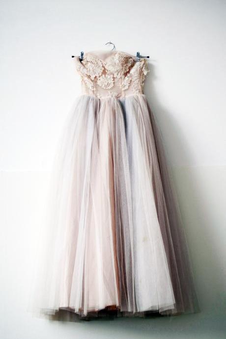 Strapless Tea Length Grey Over Blush Tulle Homecoming Dress With Lace Floral