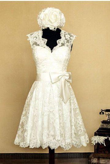 Short Wedding Dress Scalloped Neckline Vintage Fifties Bridal Dress with Open Back