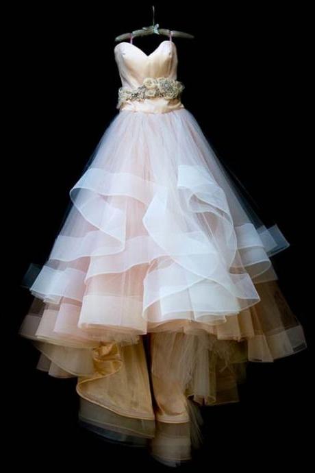 Champagne Bodice And White Skirt Wedding Dress With Horsehair Trim (the Sash Is Not Included)