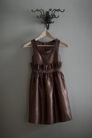 Brown Sleeveless Top And Pleated Skirt Satin Flower Girl Dress