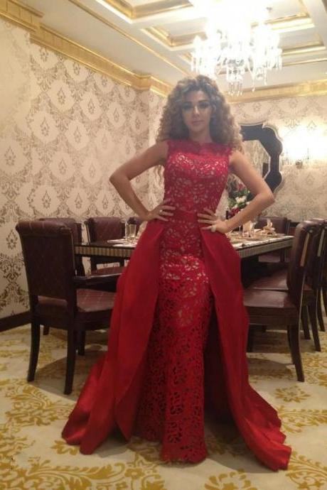 Red Lace Prom Dress With Removable Skirt
