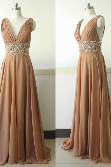 Ruched V Neck Formal Evening Dress With Beaded Waist