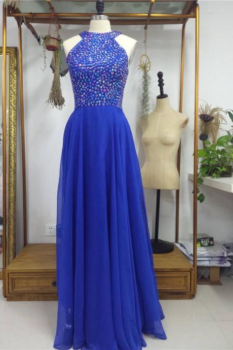Royal Blue Chiffon Prom Dress With Rhinestones