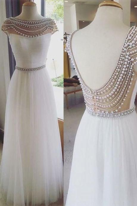 Long White Teardrop Open Back Prom Dress With Pearls Beads
