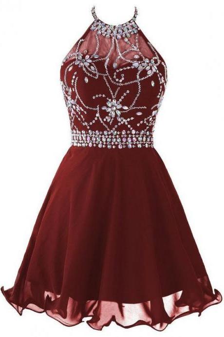 Beaded Halter Short Homecoming Dress Graduation Dress