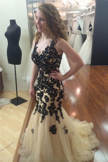 Beige Mermaid Prom Dress With Black Lace Formal Occasion Dress