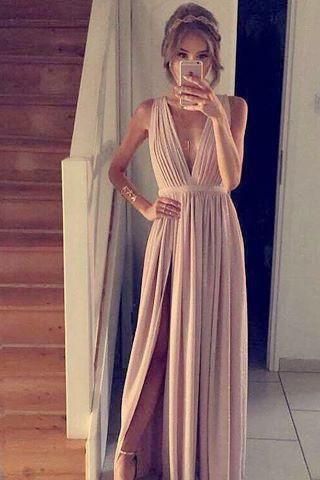 Pleated V Neck Maxi Dress With High Side Slit