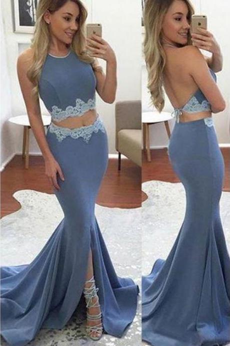 Backless Halter Gray Jersy 2 Pieces Prom Dress