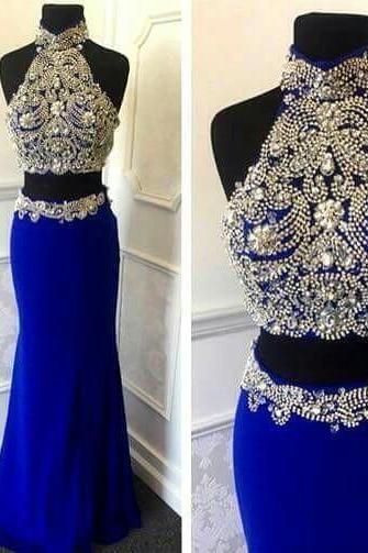 Royal Blue High Collar 2 Pieces Prom Dress With Beading