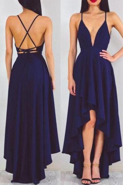 Backless Navy Chiffon High Low Prom Dres With Spaghetti Straps