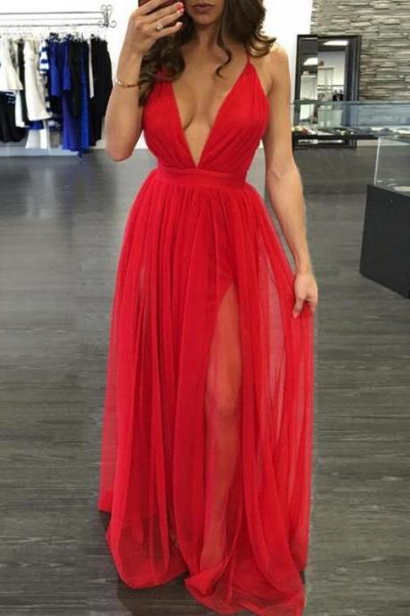 Red Backless Maxi Dress with Side Slit