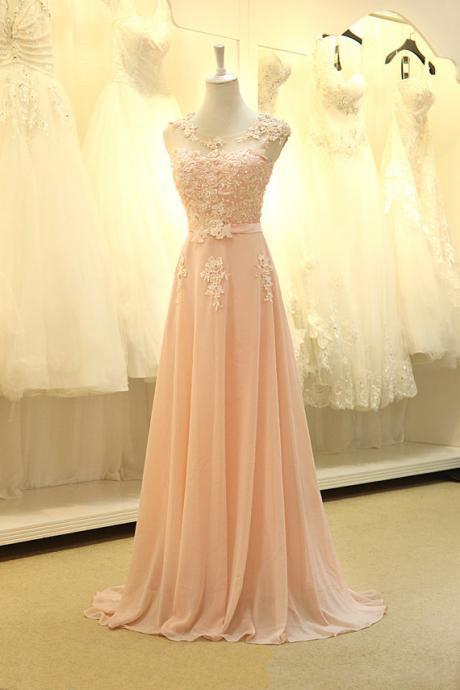 Long Chiffon Evening Dress With Appliques Lace And Pearls