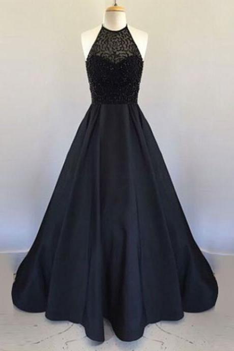 Beaded Black Halter Prom Dress