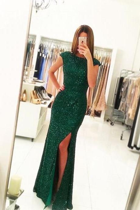 Emerald Green Sequined Open Back Prom Dress Wtih Cap Sleeves