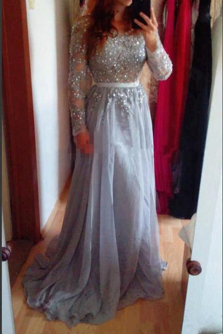 Gray Chiffon Prom Dress With Long Sleeves