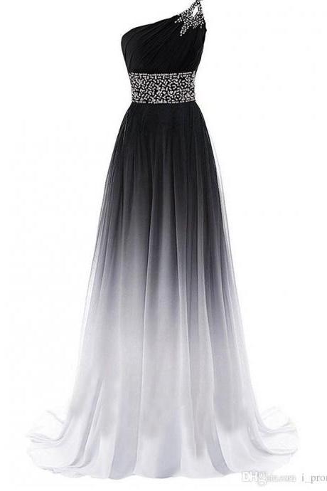 One Shoulder White Black Ombre Evening Gown Formal Pageant Dress