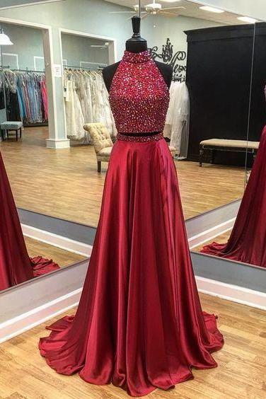 Beaded 2 Pieces Prom Dress With Keyhole Back