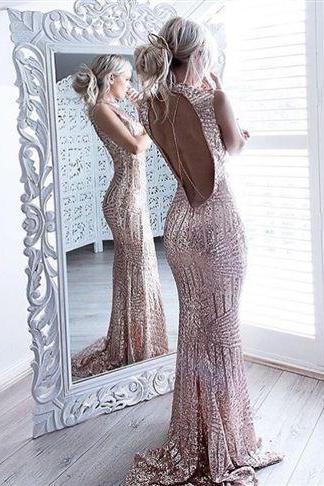 Silver Sequins Open Back Prom Dress