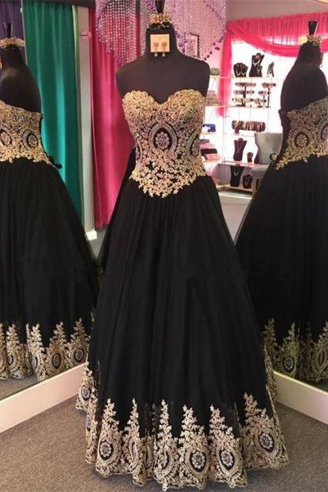 Long Sleeveless Corset Black Prom Dress With Gold Appliques