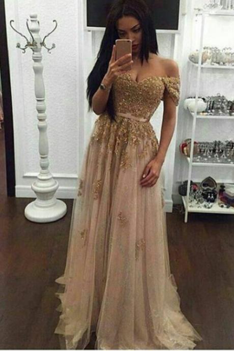 Off The Shoulder Corset Prom Dres With Gold Appliques