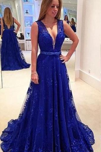 V Neck Royal Blue Lace Prom Dress With V Back
