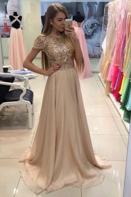 Sparkle Long Beaded Chiffon Prom Dress With Cap Sleeves