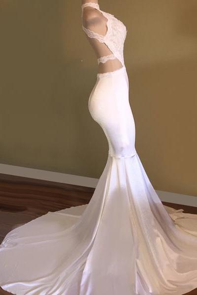 Sexy Open Back White Jersy Prom Dress With High Collar