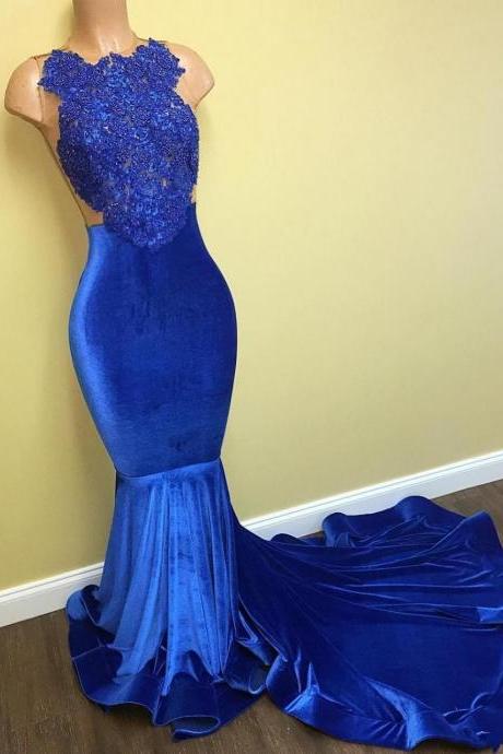 Royal Blue Velvet Mermaid Prom Dress With Illusion Back