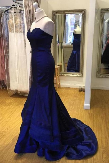 Dark Royal Blue Satin Mermaid Formal Occasion Prom Dress With Corset Back