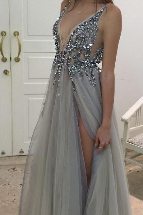Floor Length V Neck Beaded Prom Dress With Side Slit