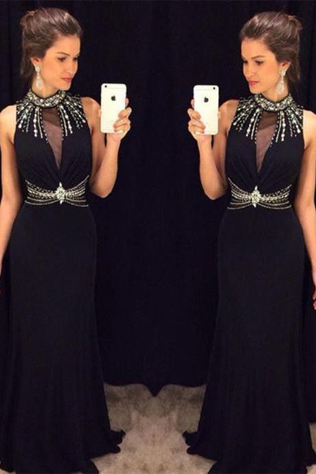 Black Chiffon Prom Dress With Beads High Collar Formal Occasion Dress