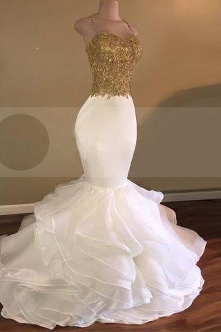 Gold Bodice Mermaid Prom Dress With Crystaled Straps
