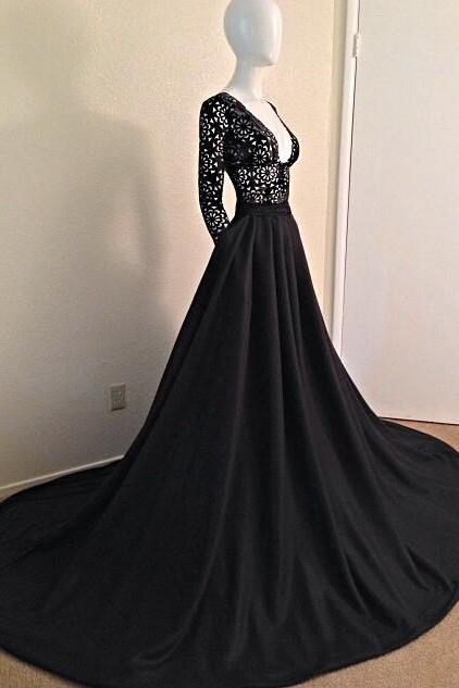 Sheer Lace Bodice Black Prom Dress With Long Sleeves