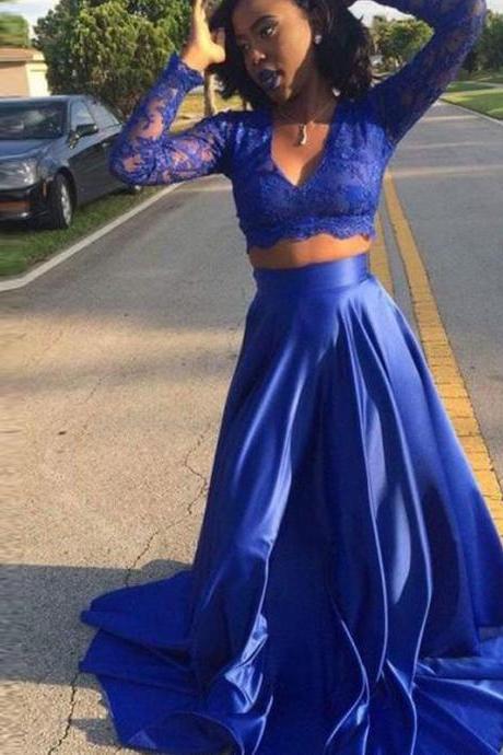Royal Blue 2 Pieces Prom Dress With Long Sleeves